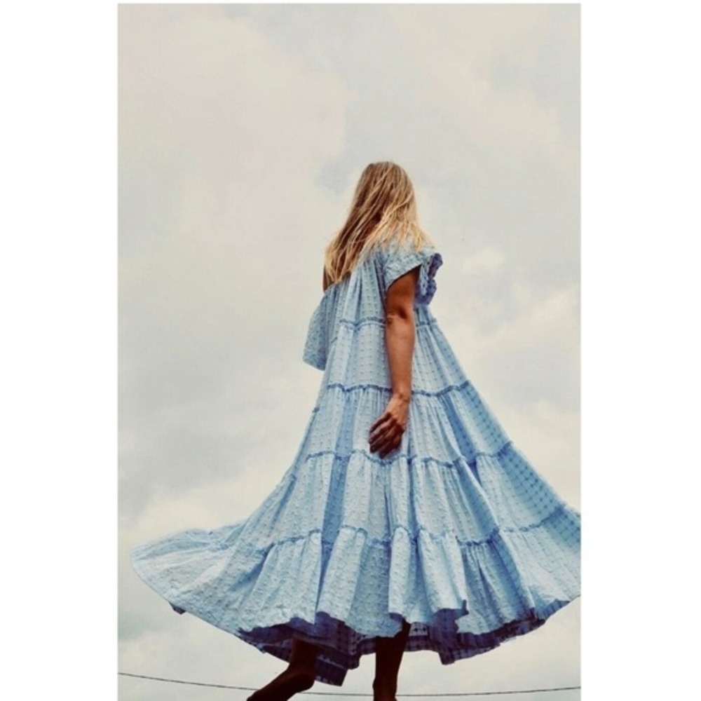 Innika Choo Alotta Gut Peasant Blue Tiered Maxi Dress Sz 3/Large Cottagecore‎